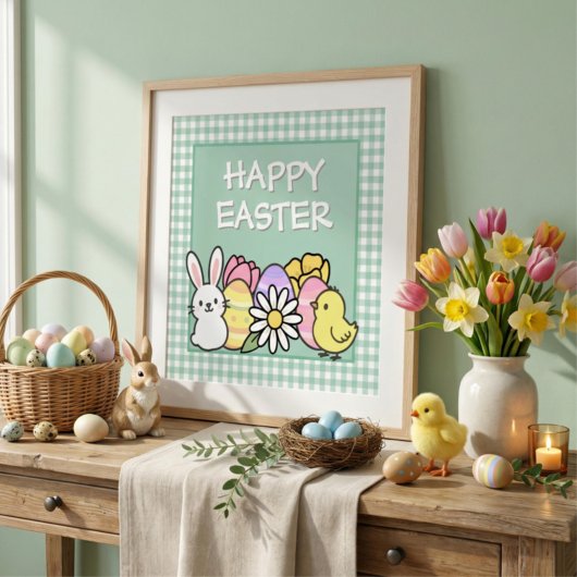 Impression Photo Easter Bunny Chick Eggs Green Gingham
