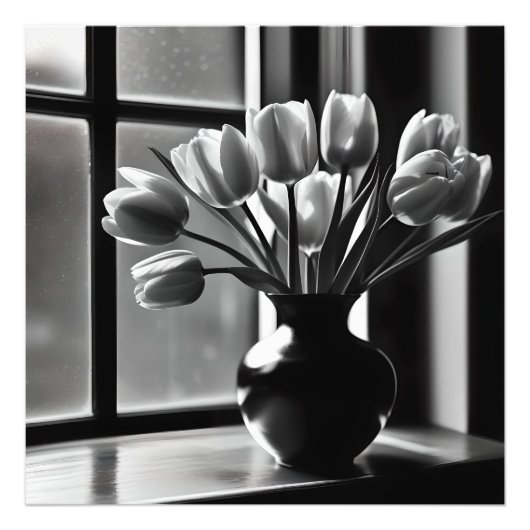 Impression Photo "Élégance monochrome : Tulipe blanche noire et vie (Devant)