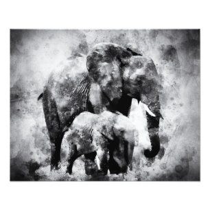 Impression Photo Eléphant africain avec veau noir et blanc