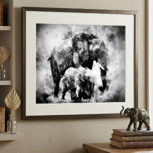 Impression Photo Eléphant africain avec veau noir et blanc