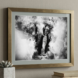 Impression Photo Éléphant d'Afrique Aquarelle Noir et Blanc