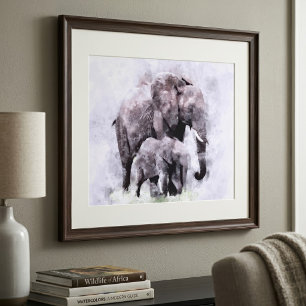 Impression Photo Éléphant d'Afrique femelle avec son éléphanteau Aq