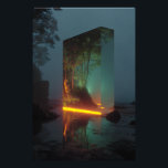 Impression Photo Enchanted Crystal Monolith Forest Glow<br><div class="desc">A towering rectangular crystal monolith stands on a misty rocky shoreline at twilight. Inside its translucent depths, a vibrant lush forest with dense green trees glows with warm golden-orange light that spills out as a radiant horizontal band, perfectly reflected on the wet rocks and shallow water below. The dark exterior...</div>