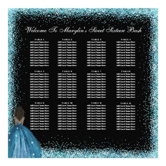 Impression Photo Enchanter Turquoise Quinceañera Seating Chart (Devant)