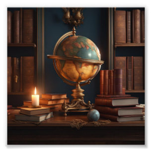 Impression Photo Étudier avec Globe, Livres et bougies