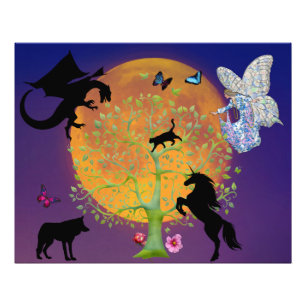 Impression Photo Fée licorne fantaisie dragon arbre et pleine lune 