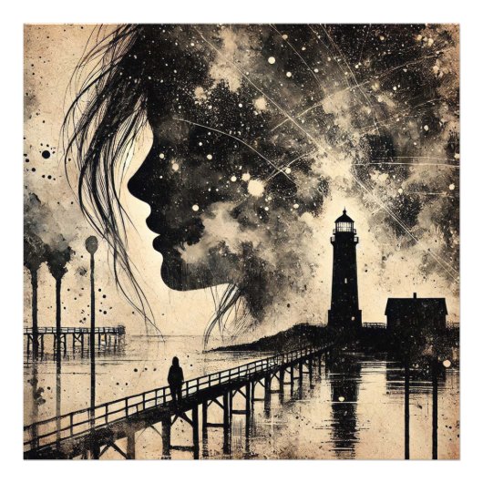 Impression Photo Femme à double exposition avec phare et mouette (Devant)