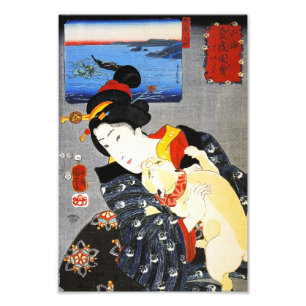 Impression Photo Femme de Kuniyoshi avec une copie de chat