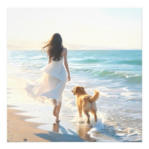 Impression Photo Femme et chien marchant sur la plage au coucher du