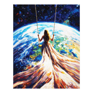 Impression Photo Femme sur une balançoire au-dessus de la Terre, pe