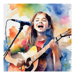 Impression Photo Fille à l'aquarelle chantant et jouant de la guita