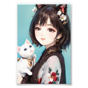 Impression Photo Fille au chat tenant un mignon chat Whimsical