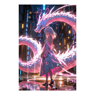 Impression Photo Fille d'anime Cyberpunk Dragon Néon Art Fantastiqu