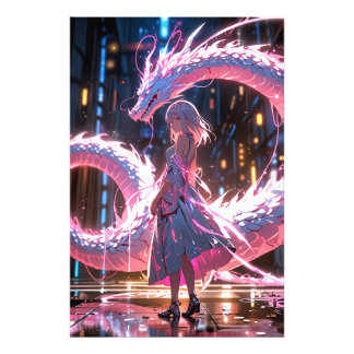 Impression Photo Fille d'anime Cyberpunk Dragon Néon Art Fantastiqu
