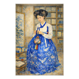 Impression Photo Fille élégante en Hanbok coréen avec un sac porte-