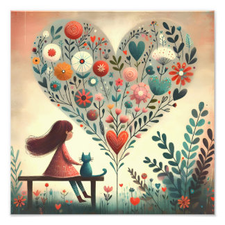 Impression Photo Fille Fantaisiste et Chat à Côté d'un Cœur Floral