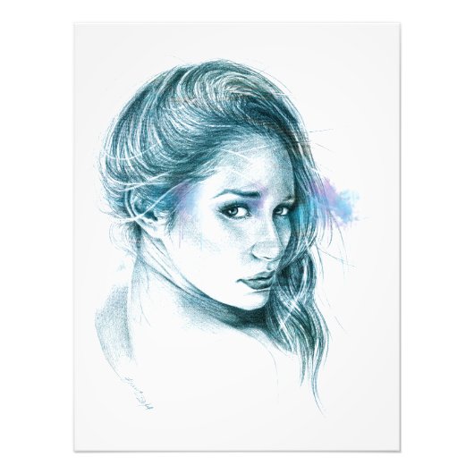 Impression Photo Fille portrait dessin au crayon Bleu (Devant)