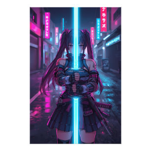 Impression Photo Fille Samouraï Cyberpunk Katana Néon Anime