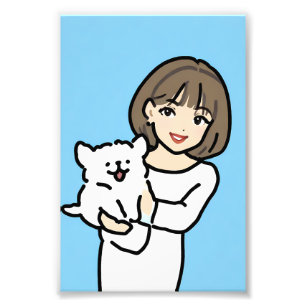 Impression Photo Fille souriante tenant un chiot blanc