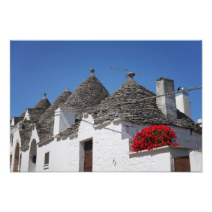 Impression Photo Fleurs de géranium et maisons de trulli dans