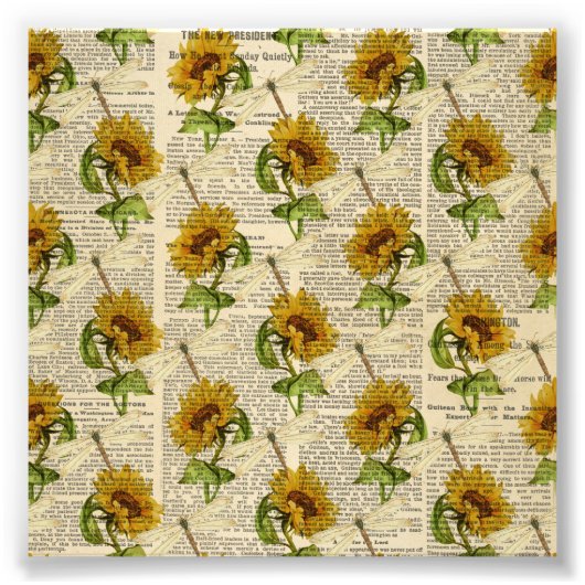 Impression Photo Fleurs de soleil libellules vieux journal style pa (Devant)
