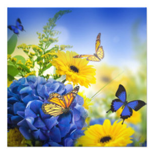 Impression Photo Fleurs Jaunes Bleues Aux Papillons
