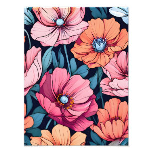 Impression Photo Fleurs roses et orange sur noir