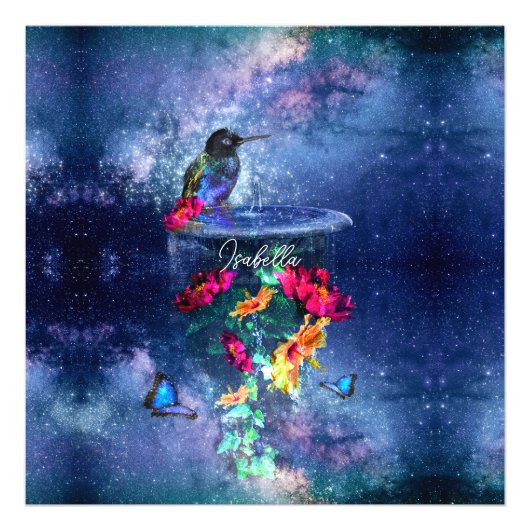 Impression Photo Fleurs tropicales, colibri, papillon et étoiles (Devant)