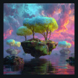 Impression Photo Floating Turquoise Tree Islands Neon Sky<br><div class="desc">Three colossal, glowing trees with electric turquoise, lime, and chartreuse canopies dominate floating islands of mossy rock and ancient ruins. Tiny crystals and patchwork greenery sparkle beneath the branches while the islands hover above a mirror-like ocean reflecting a dramatic sky of swirling magenta, violet, pink, and cyan clouds pierced by...</div>