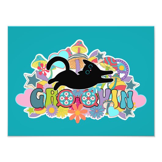Impression Photo Funny Retro Champignons Groovin Fleurs Chat Noir (Devant)