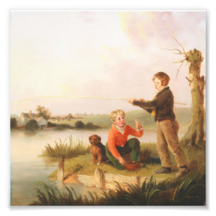Impression Photo Garçons Vintage pêchant au bord de la rivière avec