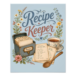 Impression Photo Garde-recette floral vintage Cottagecoreue bleu