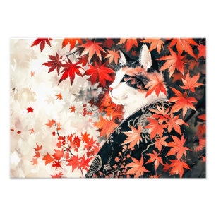 Impression Photo Geisha Chat Noir et Blanc sous Feuilles de Maple R