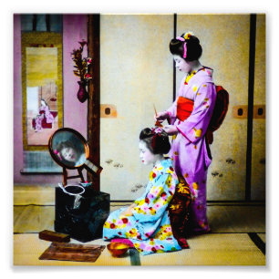 Impression Photo Geisha deux faisant japonais vintage de cheveux le