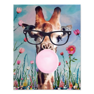 Impression Photo Girafe soufflant du chewing-gum Fond de jardin pri