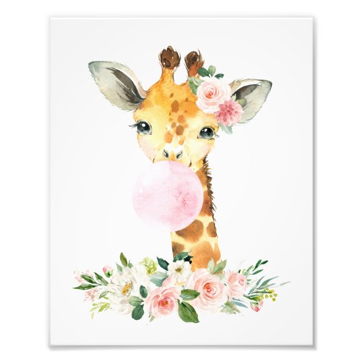 Impression Photo Giraffe, Safari, gomme à bulles roses, infirmière (Devant)