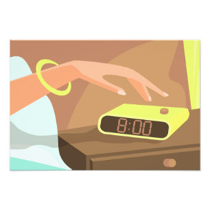 Impression Photo Girls hand pushing on alarm clock snooze button
