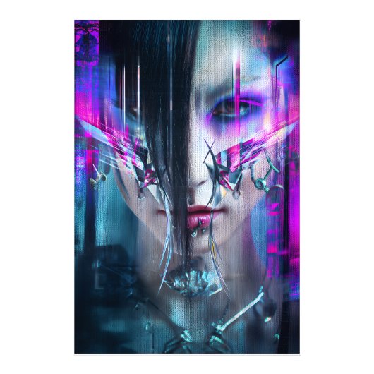 Impression Photo Glitch Cyberpunk Face Neon Distortion Portrait (Devant)