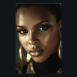 Impression Photo Golden Glow Melanin Fierce Portrait<br><div class="desc">Golden-bronze light sculpts flawless deep brown skin, highlighting razor-sharp cheekbones, glossy lips, and piercing eyes framed by smoky glitter shadow. A sleek short natural cut and massive gold hoop earrings add bold luxury against a deep black background. The intense close-up exudes fierce confidence, unapologetic melanin beauty, cultural pride, regal power,...</div>