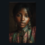 Impression Photo Golden Glow Melanin Regal Headscarf Portrait<br><div class="desc">Golden light caresses rich brown skin, illuminating sharp cheekbones, glossy lips, and intense dark eyes beneath a luxurious emerald-magenta-gold paisley headscarf. Elaborate antique gold earrings with dangling gems frame her face, while the high-neck embroidered garment in jewel tones adds regal texture and depth. The intimate close-up against a moody dark...</div>