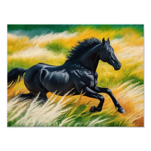 Impression Photo Graceful Black Horse Galloping dans le champ animé (Devant)