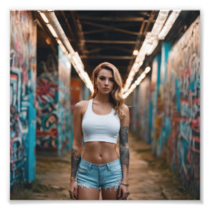Impression Photo Grande Blonde fille tatouée dans le tunnel Graffit