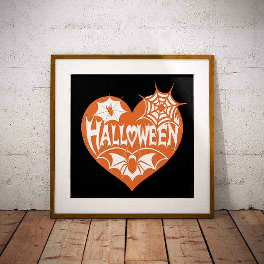 Impression Photo Halloween Heart, Orange Heart Shape, Spider Web