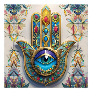 Impression Photo Hamsa du Troisième Œil en Filigrane Coloré Or Bleu