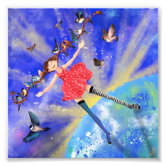 Impression Photo Happy Girl with Birds Poaster Print (Devant)