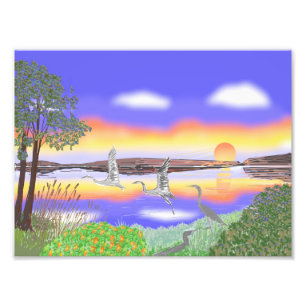 Impression Photo Hérons au coucher du soleil, scène contemporaine