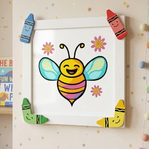 Impression Photo Heureux bébé abeille souriante avec des fleurs.