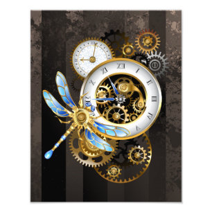 Impression Photo Horloge à vapeur avec libellule mécanique