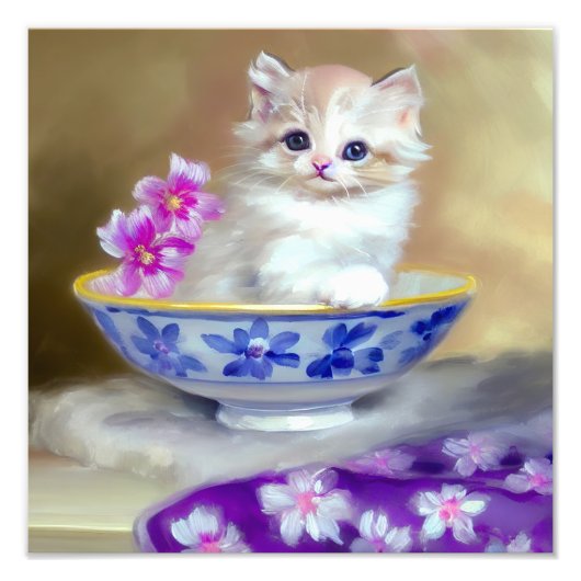 Impression Photo Illustration vintage de chaton blanc (Devant)