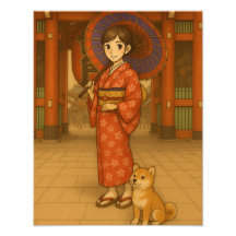 Japan Stroll - Kimono Girl and Shiba dog Art Print
